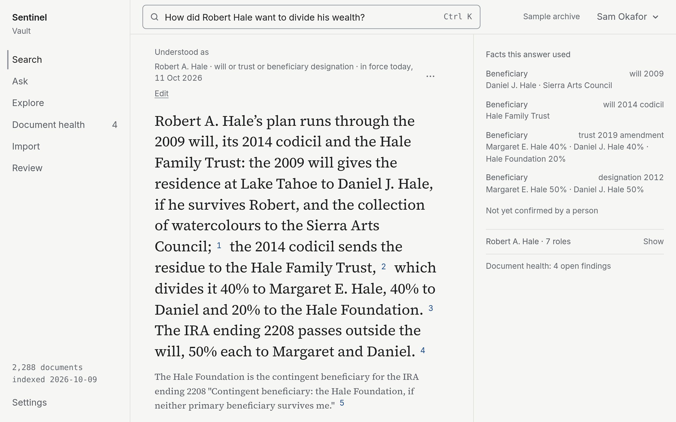 Sentinel Vault answering “How did Robert Hale want to divide his wealth?”: a short memo naming the 2009 will, its 2014 codicil and the Hale Family Trust, with a citation after each line, beside the facts the answer used.